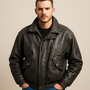 Pelle Studio Men’s Large Black Genuine Leather Bomber Jacket Vintage size L